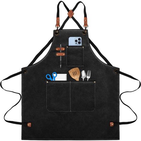 Tablier de Barbecue en Toile Canvas Noir, Tablier de Cuisine Imperméable Dos Croisé avec 3 Poches (1/5)