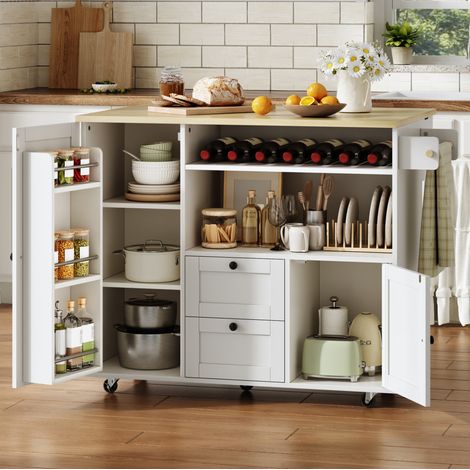 Îlot de cuisine extensible 104x69x89 cm en MDF blanc, avec rangement pour salle à manger FloraGrace (1/5)