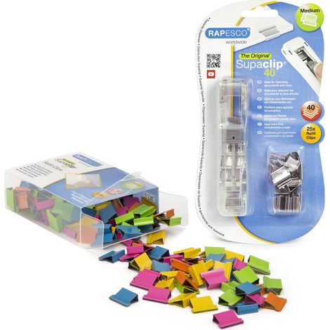 Rapesco 1299A Supaclip 40 Kit, Dispenser di Mollette con 25 Mollette in Acciaio Inossidabile e 150 Mollette di Ricarica in Colori Assortiti (1/2)