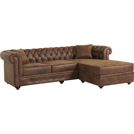 Vente-Unique – Canapé d'angle chesterfield réversible 4 places – Microfibre vieillie marron – Dimensions 228x163 cm – Confort équilibré avec coussins inclus (1/4)