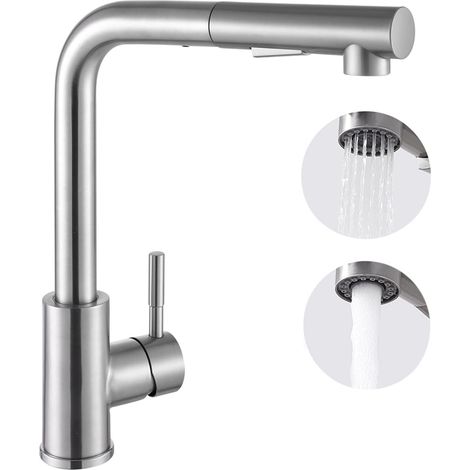 Robinet mitigeur de cuisine pivotant à 360° avec douchette extractible, 2 jets, en acier inoxydable, compatible eau chaude/froide.