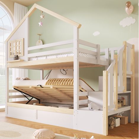 Letto a castello 90x200 cm, bianco/naturale, in pino e MDF, con sponde di sicurezza e vano contenitore idraulico (1/5)