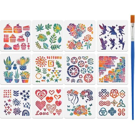 12Pièces Pochoirs Dessin Multi-Motifs 15x15cm Pochoirs Peinture Réutilisables PET Avec Pinceau Modèles Plante Floral Fée pour Loisirs Créatifs, Tissu, Mur, Meubles, Décoration (1/5)