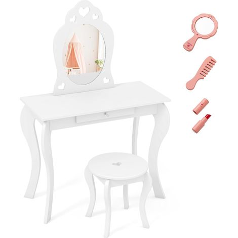 Coiffeuse 2 en 1 pour Enfants et Filles avec Triple Miroir Pliable et tiroir, Coiffeuse avec Tabouret de Maquillage en Blanc (1/4)