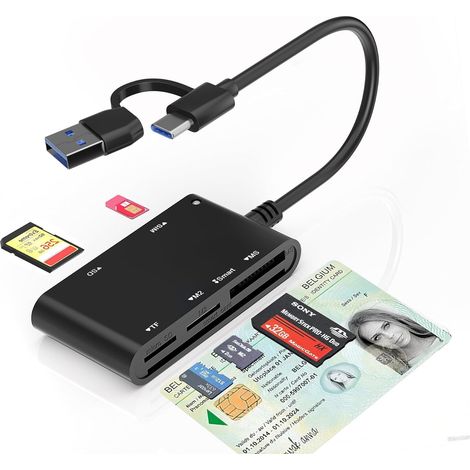 USB-C/A Belgian ID Card Reader - Lecteur Carte Identité Belge, ID, TF, SD, MMC, SIM, M2, Memory Stick Pro Duo -Prend en Charge les Cartes à Digital Signature, DNI, Carte de Santé, Lecteur eID Belgique (1/5)