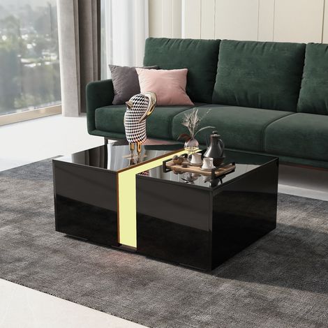 Tavolino da caffè a LED tavolo portaoggetti nero lucido, tavolino da caffè con scomparto nascosto a scomparsa, 73 x 60 x 34 cm (1/5)