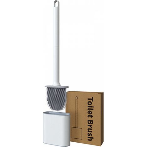 Brosse WC blanche 38,9 x 9,8 x 4,3 cm, 1 brosse WC plate en silicone et support anti-goutte, ventilation antibactérienne, fixation murale au sol (1/5)