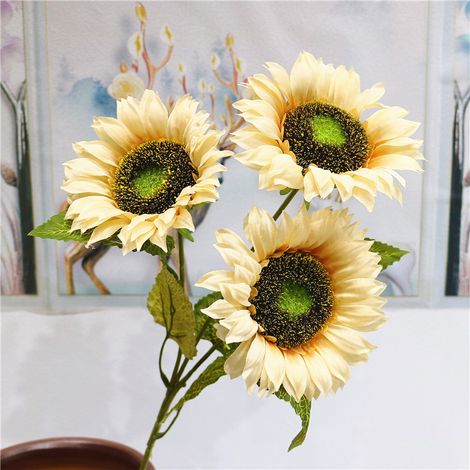MINKUROW Girasoles Artificiales De Tallo Largo De Seda Para Decoración Al Aire Libre, Hogar, Boda, Fiesta De Cumpleaños En Color Amarillo, Paquete De 3 Ramo (Beige) (1/4)