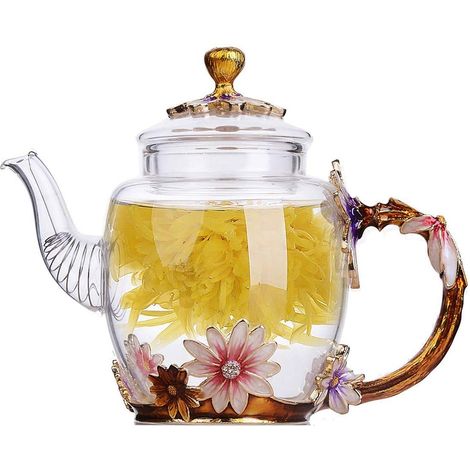 Théière en Verre à fleurs pour Kung Fu Tea, Cadeau pour Sœur, Maman (chrysanthème) (1/5)