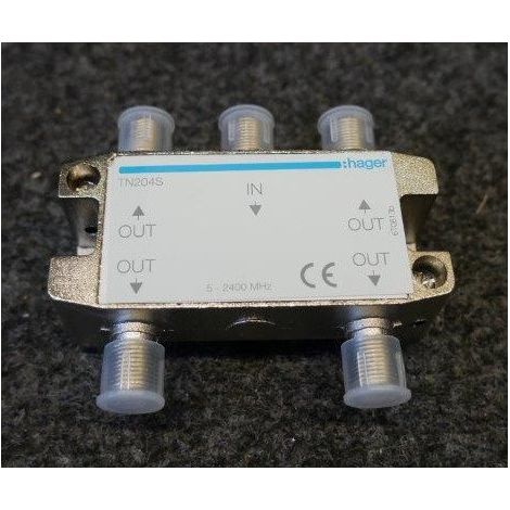 Répartiteur TV hertzien/satellite 4 sorties coaxiale 5/2400 MHz connexion fiches type "F" pour câble coaxial HAGER