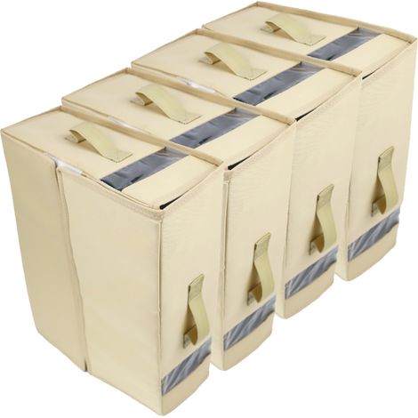Lot de 4 Boîtes de Rangement KIN 83-C4 en Tissu Beige pour Literie Couettes et Draps Armoire (1/4)