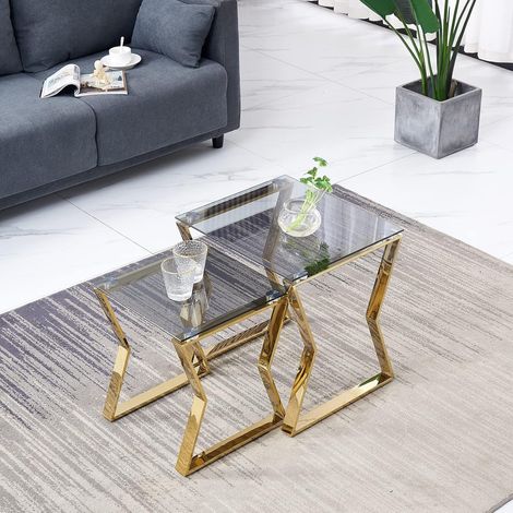 Eclipse Glass Nest of Tables Set 2 light grey glass Set Side Lamp End Table Home gold leg (1/5)