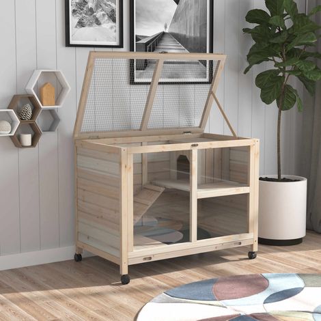 Conigliera PawHut su ruote, piccola gabbia per animali domestici in legno massello, 2 livelli, tetto incernierato, piattaforme, 91,5 x 53,3 x 73 cm, legno naturale