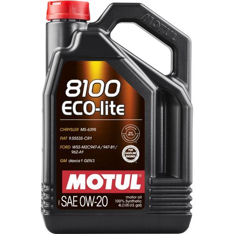 Aceite Motul 0W20 4L 8100 Eco-lite / SP-RC / GF-6A / GM Dexos1 Gen3 / MS-6395 / 9.55535-CR1 / WSS-M2C947-A 947-B1 962-A1