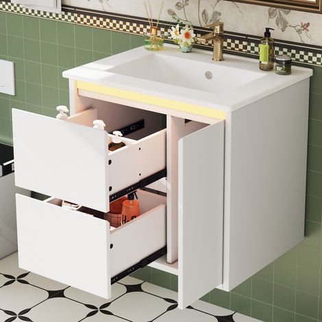 Meuble vasque suspendu avec lavabo céramique 61x46,5x57cm, meuble de salle de bain avec LED,tiroirs,Meuble sous vasque,blanc (1/5)