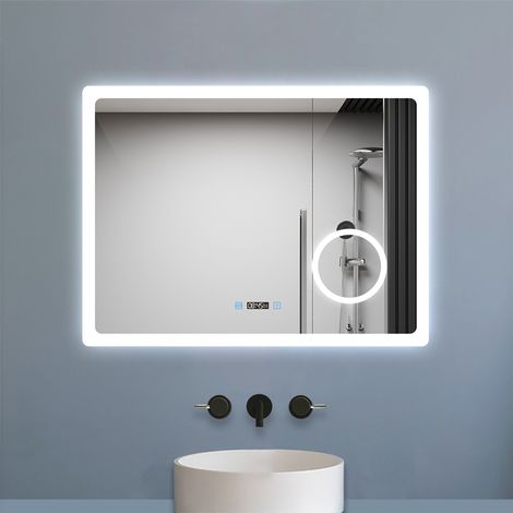 Aica Miroir de salle de bain anti-buée avec horloge, blanc froid chaud neutre tactile mural miroir 100x60cm