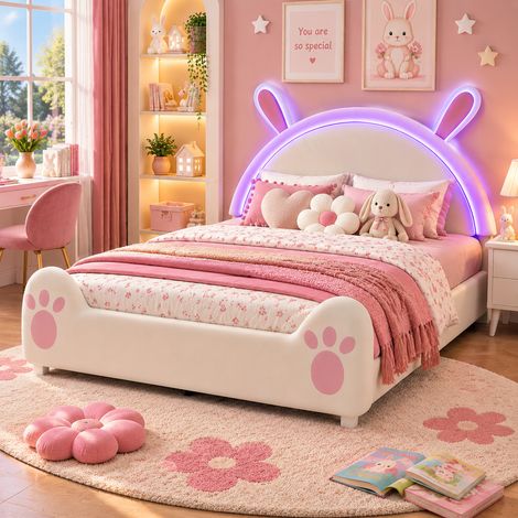 Lit Enfant Fille 140x200 cm avec LED, Lit lapin avec Sommier à Lattes, Tête de Lit Oreilles de Lapin, Velours Blanc et Rose