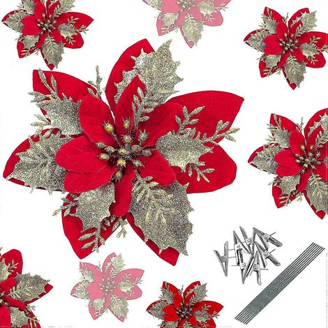 24 künstliche Weihnachtssternblüten (5,5 Zoll, gold-rot glitzernd) (1/5)
