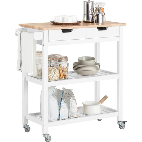 Sobuy – Desserte de cuisine à roulettes 2 tiroirs – FKW68WN – Plan de travail en bois de hévéa – 2 étagères de rangement – Capacité 50 kg (1/5)