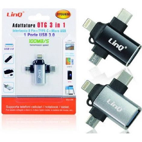 Trade Shop - USB-C MICRO-USB LIGHTNING AUF USB 3.0 WEIBLICH 3 IN 1 OTG ADAPTER OTQU930 - (1/5)