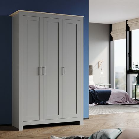 ELEGANT Modern Soft Close Wardrobe 3 Door Wardrobe with Shelves Bedroom Furniture Large Storage Wardrobe, Gray/Oak