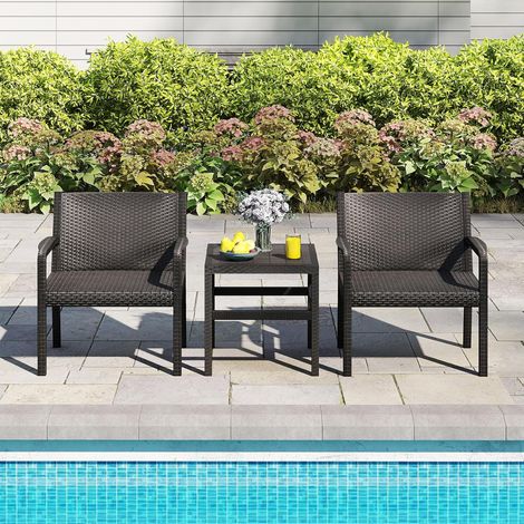 GOPLUS Salon de Jardin Exterieur 2 Personnes, Table avec 2 Chaises d'Extérieur, Salon de Balcon en Rotin Imité, Dossier Incliné, Renfort de Traverse, Facile à Installer,Charge 150 KG+30 KG (Noir) (1/5)