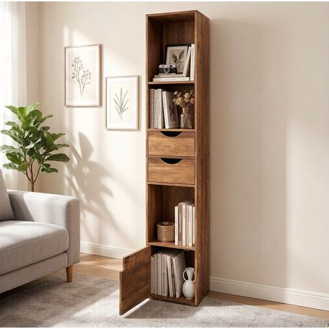 Mueble de almacenaje estrecho 30 x 157,5 x 24 cm con 3 nichos, 2 cajones y 1 puerta, marrón DESVIAE (1/5)