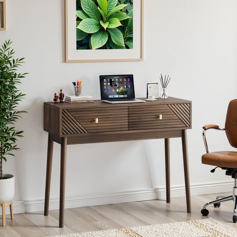 Table Console Entrée 100 cm, Table Coiffeuse Vintage Bureau avec 2 Tiroirs Cannelés et Poignées Dorées - Meuble d'Appoint Style Rétro Noyer, bureau tiroir (1/5)