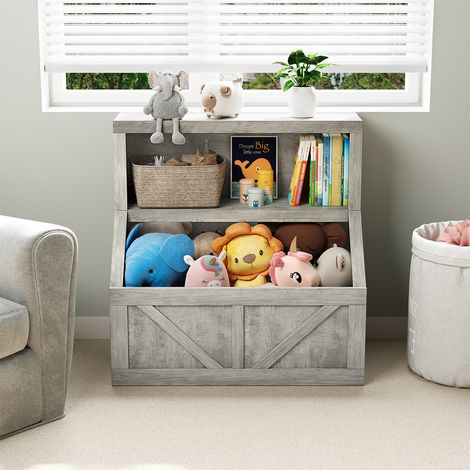Rangement pratique pour enfants – Bibliothèque en bois robuste avec grands casiers – Idéale chambre, salle de jeux, crèche, maternelle – Organisation jouets et livres – Couleur grise (1/5)