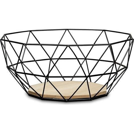 Panier à fruits en métal noir moderne avec base en bois, bol décoratif pour cuisine et maison (1/4)