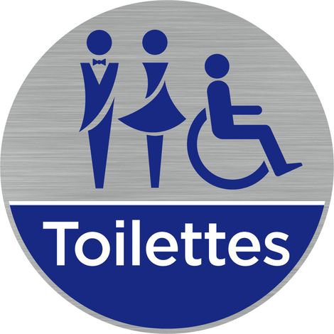 Pictogramme Toilettes mixtes handicapés (Q0463).- Adhésif aspect aluminium brossé - Diamètre 76 mm