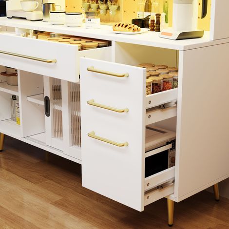 Buffet moderne blanc avec éclairage LED, meuble haut pour cuisine et salon, armoire de rangement avec panneau perforé, tiroir et porte vitrée. (1/5)