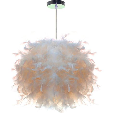 – Lustre plume Ø28cm – Suspension en plumes blanches – Culot E27 – Max 60W – Installation facile pour chambre et salon (1/5)