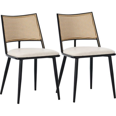 Lot de 2 chaises de salle à manger, chaise de salon noire élégante avec dossier en rotin naturel et assise en PU confortable (1/5)