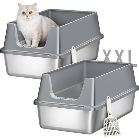 Bac à Litière en Acier Inoxydable Lot de 2, XXL Métallique Bac à Litière, Grande Litiere pour Chat à Bords Hauts avec Pelle, Facile à Nettoyer, Dessus Ouvert, 60,5 x 40 x 29cm, Gris Foncé (1/5)