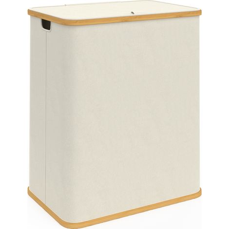 Idmarket – Panier à linge 140 L – 2 bacs amovibles en bambou – Tissu écru – Dimensions 56x38x68 cm