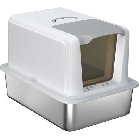 Caja de arena para gatos, inodoro para gatos con tapa, bandeja de acero inoxidable, filtro de arena integrado, incluye pala para arena, para gatos de hasta 6 kg, blanco