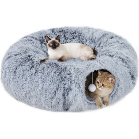 Tunnel pour Chat Intérieur avec Lit Donut Lavable, Coussin Circulaire 90x80x27cm, Gris Clair pour Confort Félin (1/5)