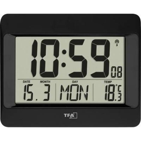 Horloge murale TFA Dostmann 60.4519.01 radiopiloté(e) 215 mm x 26 mm x 160 mm noir grand écran