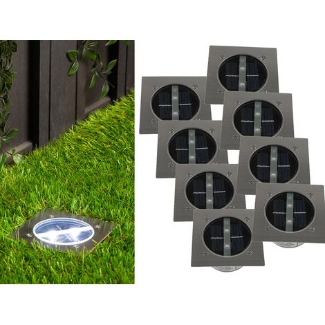 Solar LED Bodeneinbaustrahler 8er SET für Außen, Edelstahl 4-eckig 10x10cm, IP67 (1/5)