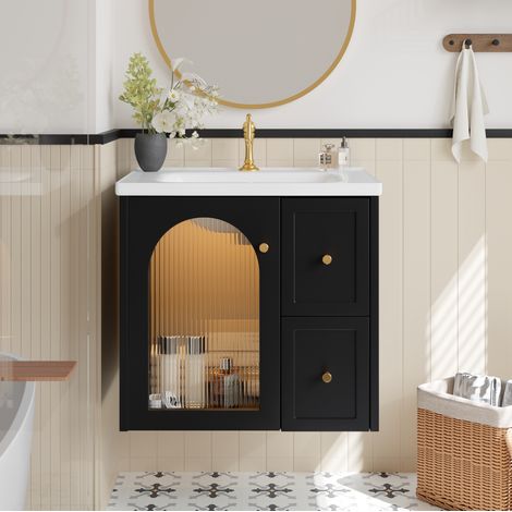 Meuble vasque suspendu 60,5x47,5x57 cm avec LED, porte en verre strié, fermeture douce, MDF - noir (1/5)
