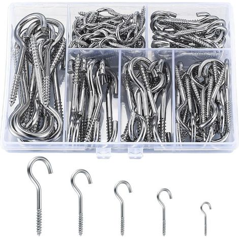 JSSEVN - 115 Pieces Screw Hooks, Stainless Steel Ceiling Hooks, Screw Hooks, Metal Screw Hooks, for Hanging Plants, Keys (1/5)