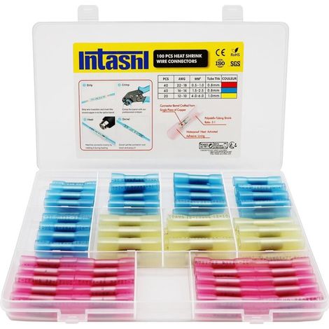 Kit de 100 connecteurs thermorétractables – Bornes électriques isolées étanches, connecteurs de fils à sertir pour câblage maritime automobile – AWG 22-10 rouge/bleu/jaune