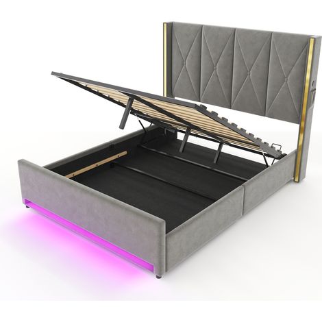 Cama con canapé de terciopelo gris oscuro 160 x 200 cm, cabecero alto capitoné, USB, LED (1/5)