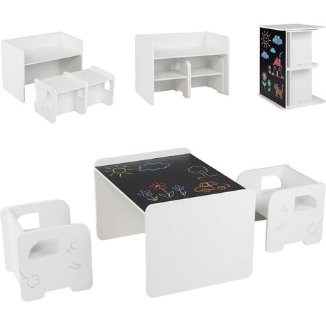 COSTWAY Table Enfant avec Chaise en Motif Éléphant, Table et 2 Chaises Enfant Convertible avec Tableau Noir, Espace de Rangement, Petit Bureau Montessori en Bois, Charge 30/50kg pour 3 Ans+ (Blanc) (1/5)