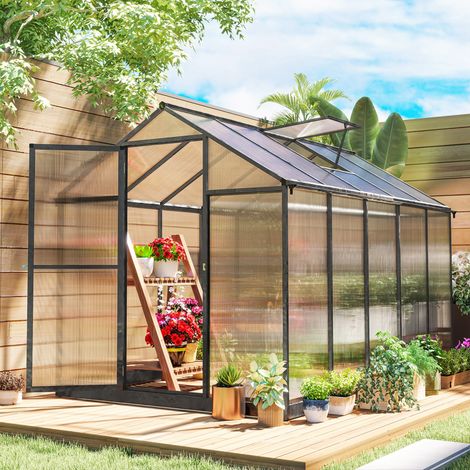 Serre de jardin en aluminium polycarbonate, serre avec fenêtres supérieures réglables 303x183x195cm transparent (1/5)