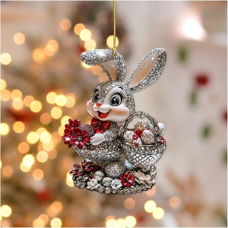 Ornement Lapin De Pâques - Acrylique 2D Avec Panier À Œufs - Décoration Arbre Pâques - Lot De 6 (1/5)