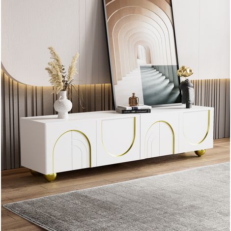 Meuble TV 170x38x44 cm blanc en panneau de particules avec portes push-to-open et pieds dorés (1/5)