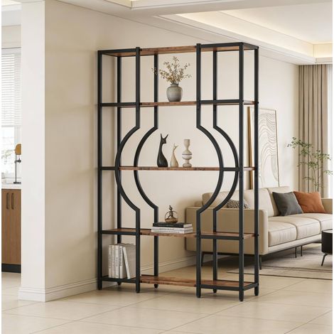 Libreria 108x36.5x28 cm, 5 ripiani aperti, salvaspazio, struttura in metallo e legno, nero e marrone rustico (1/5)