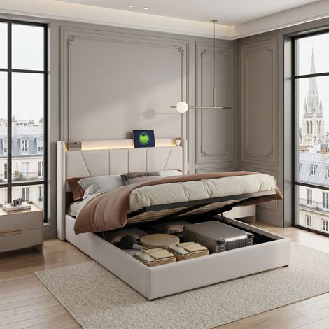 Lit 140x200cm avec 2 USB et 1 Tpye - C, Lit Rembourré avec avec Sommier à Lattes en Bois, Lit Coffre 140x200 avec Rangement et Tete de Lit, Lin (Beige, 140x200 cm) (1/5)